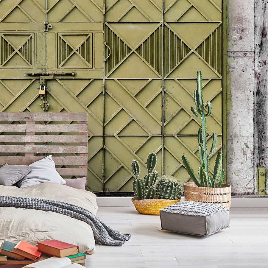 Fotomural Walls by Patel - Photo wallpaper »agra« - Close-up of a green metal gate with diamond-shaped decorations - Smooth, slightly shiny premium non-woven fabric