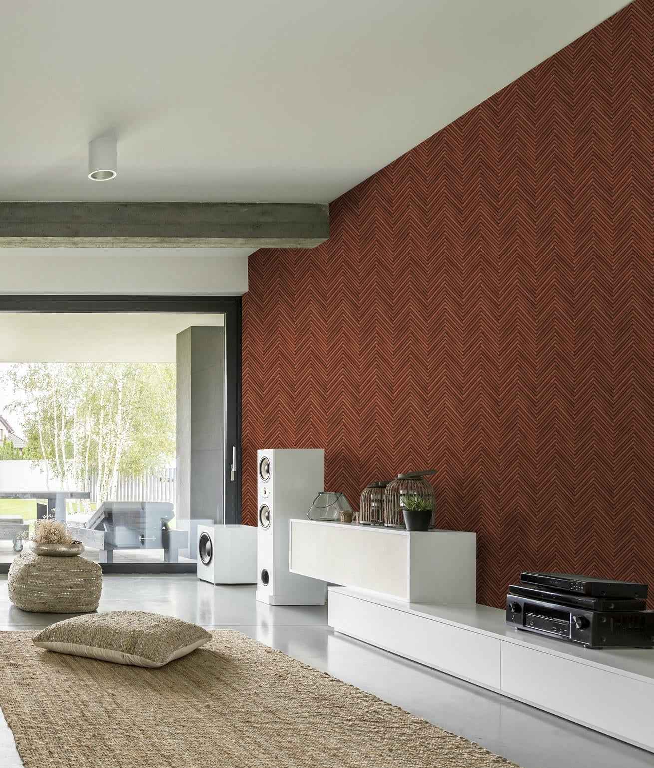 Vliestapete rot, braun holzoptik