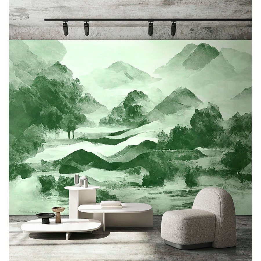 Fotomural Walls by Patel - Photo wallpaper »tinterra 2« - Landscape with mountains & fog - Green