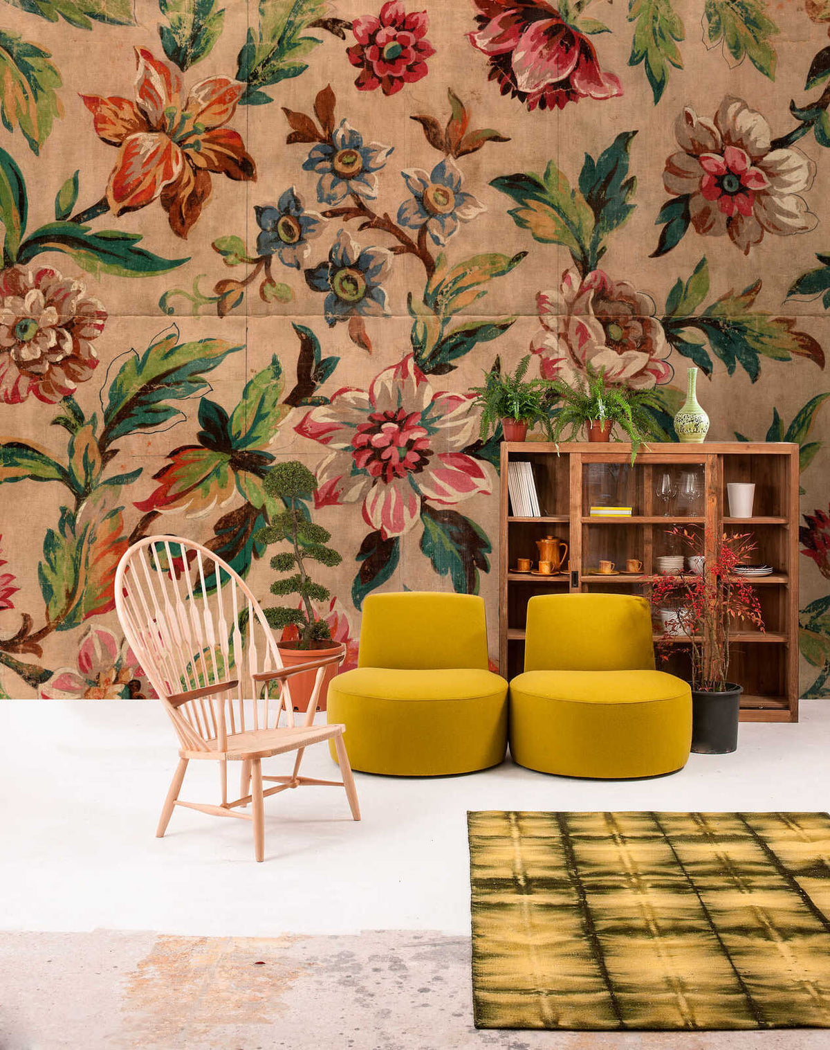 Fotomural Walls by Patel - tapis1 - Floral ornament wallpaper with decorative leaves in textile look - brown, green