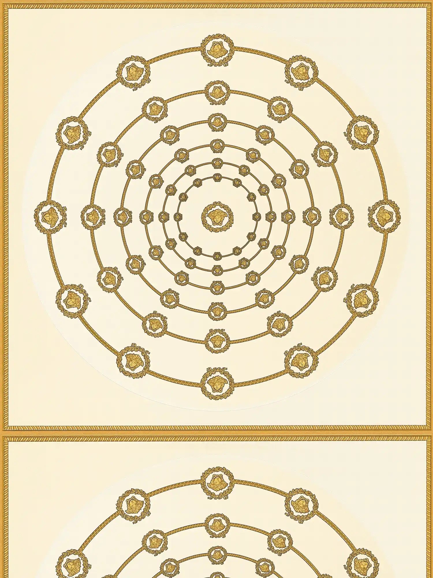 Papel pintado no tejido VERSACE con adornos circulares de Medusa ligeramente brillante ligeramente texturizado - blanco, dorado, negro