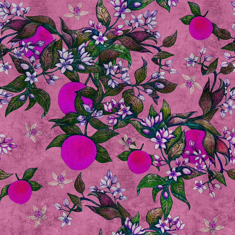 Fotomural Walls by Patel - Grapefruit Tree 2 - Photo wallpaper with grapefruit & flower design in scratchy texture - Pink, Purple