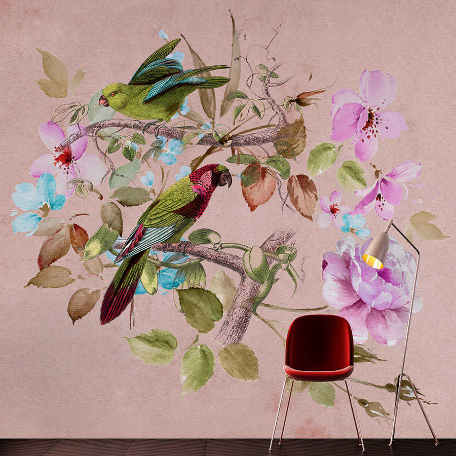 Fotomural Walls by Patel - Love Nest 2 - vintage photo wallpaper pink watercolour flowers & colourful bird