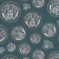 Papel pintado VERSACE azul coral con motivo de Medusa - azul, metálico
