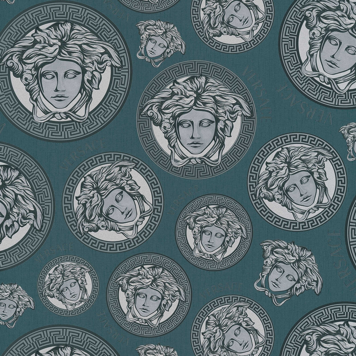 Papel pintado VERSACE azul coral con motivo de Medusa - azul, metálico