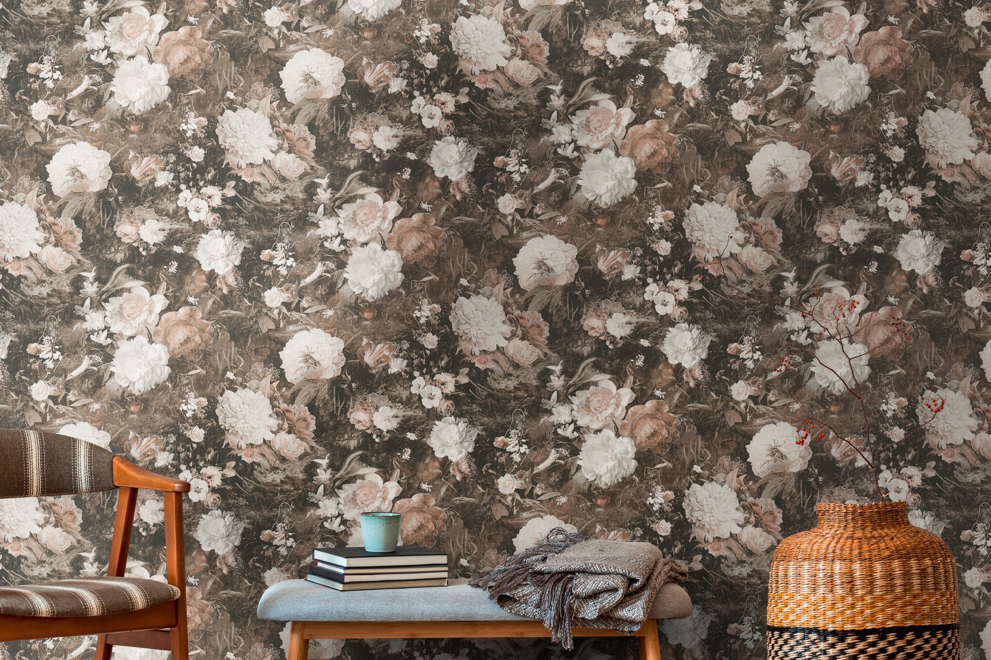 Hochwertige Vliestapete Braun Floral