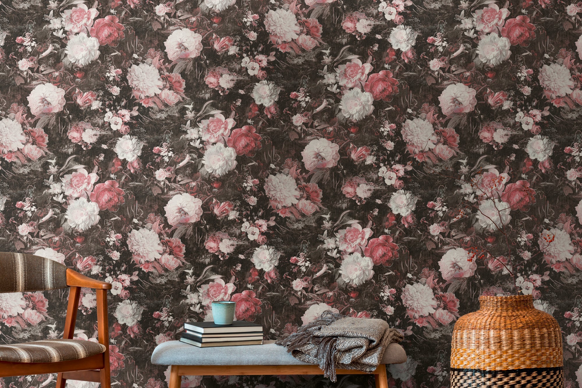 Hochwertige Vliestapete Schwarz Floral
