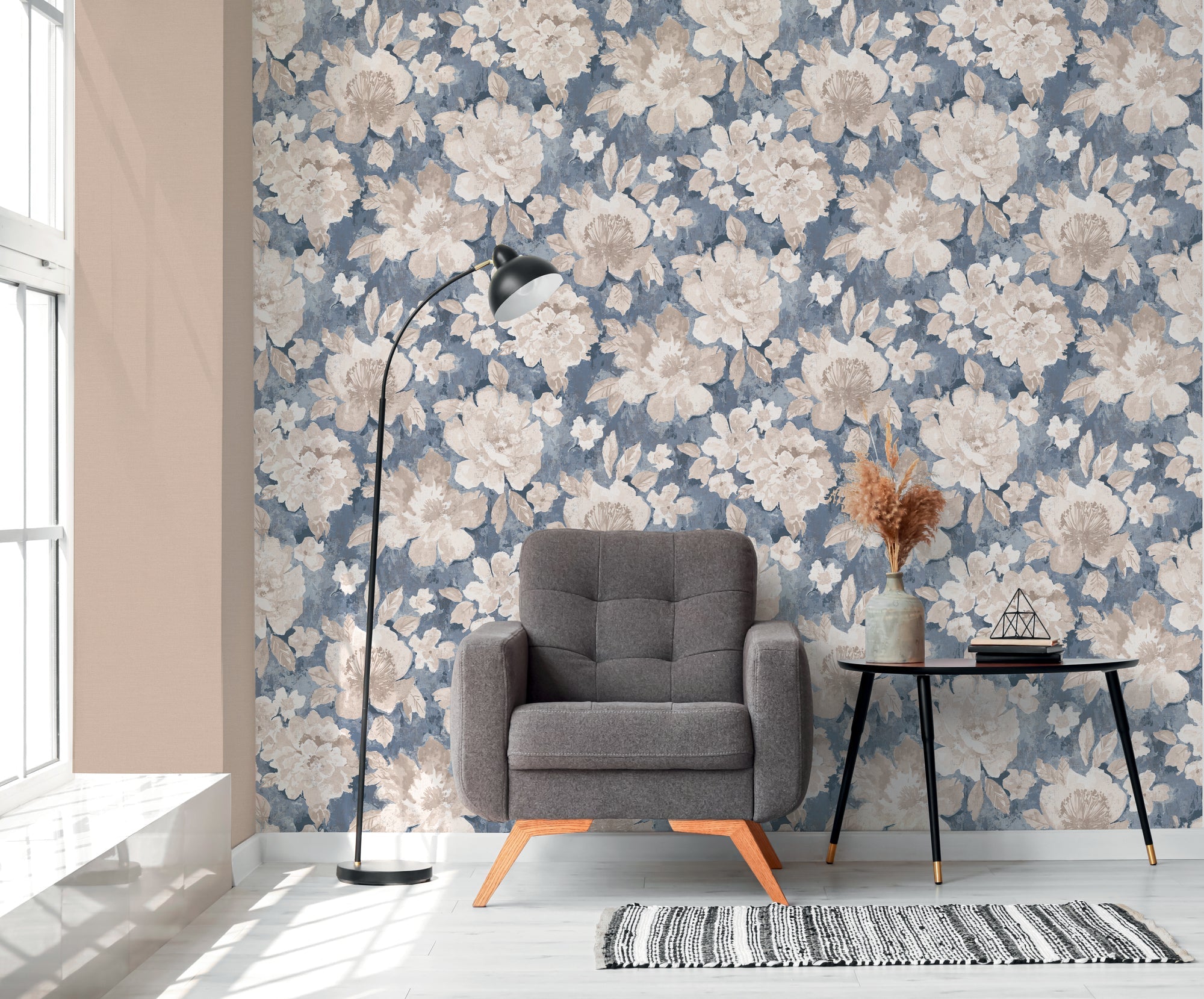 Hochwertige Vliestapete Blau Blumenmuster