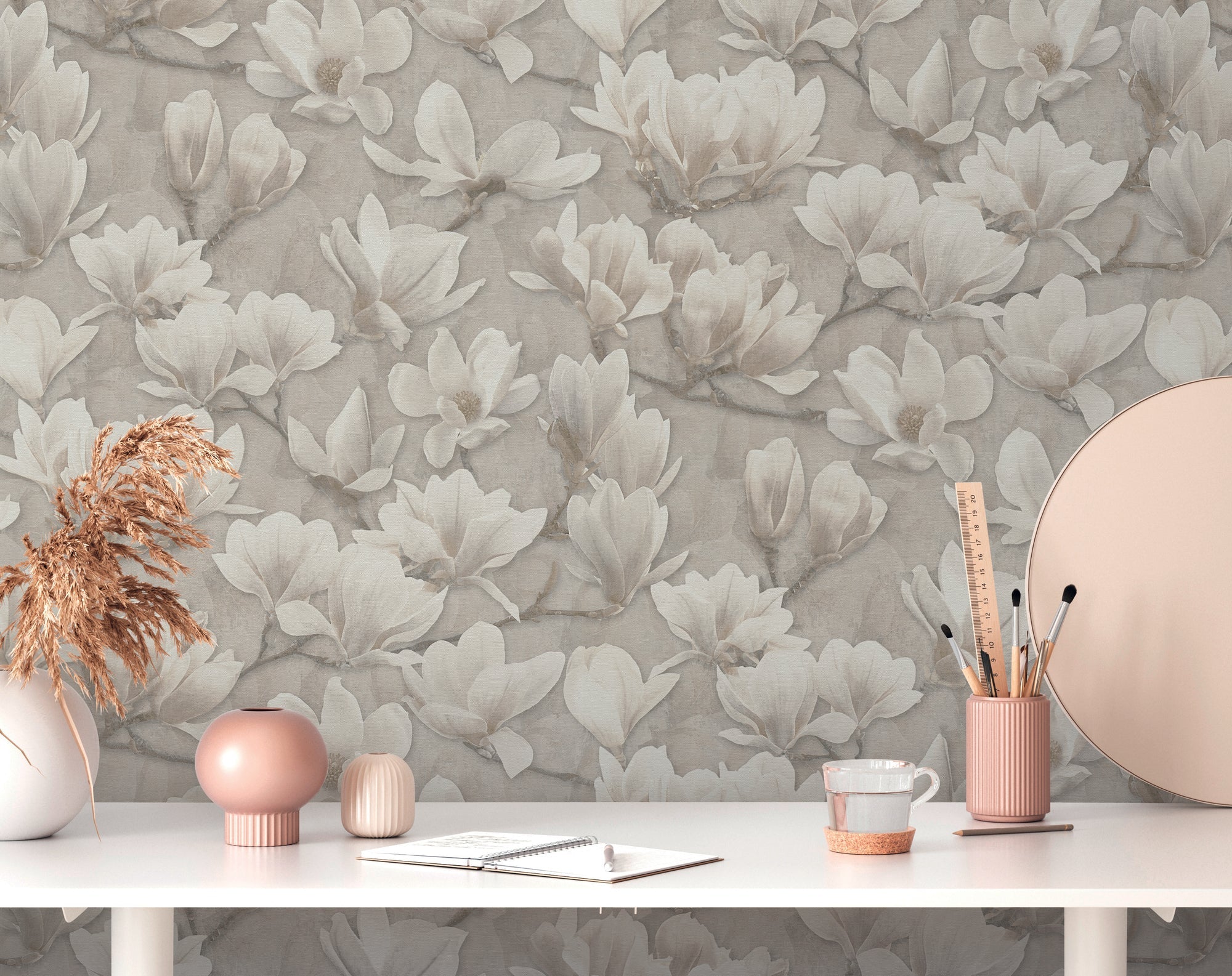 Hochwertige Vliestapete Beige Blumenmuster