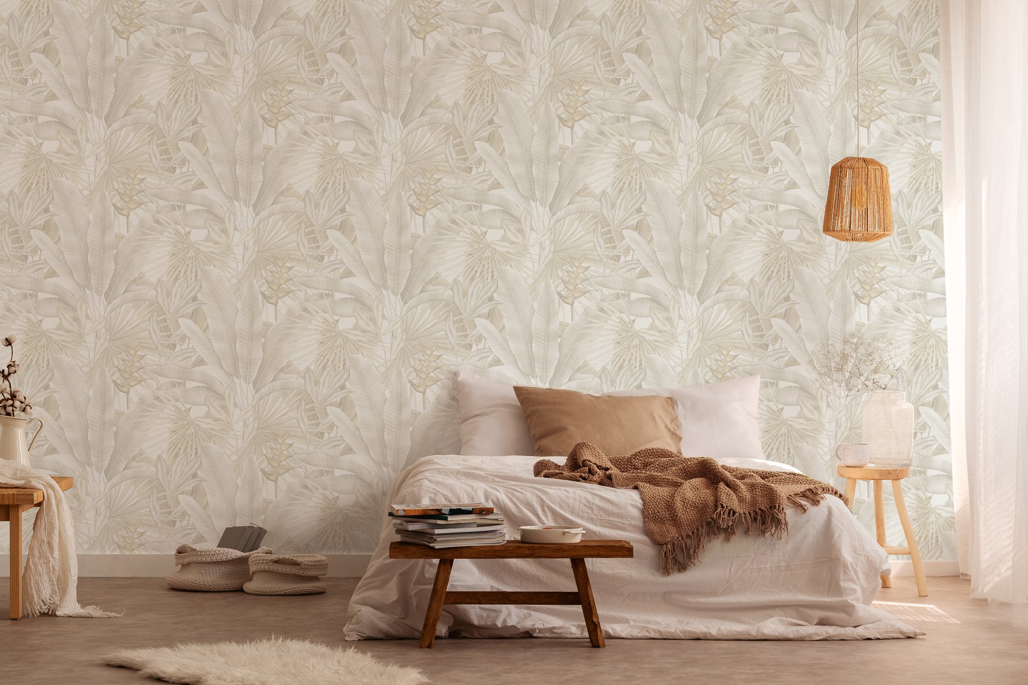 Hochwertige Vliestapete Beige Dschungel