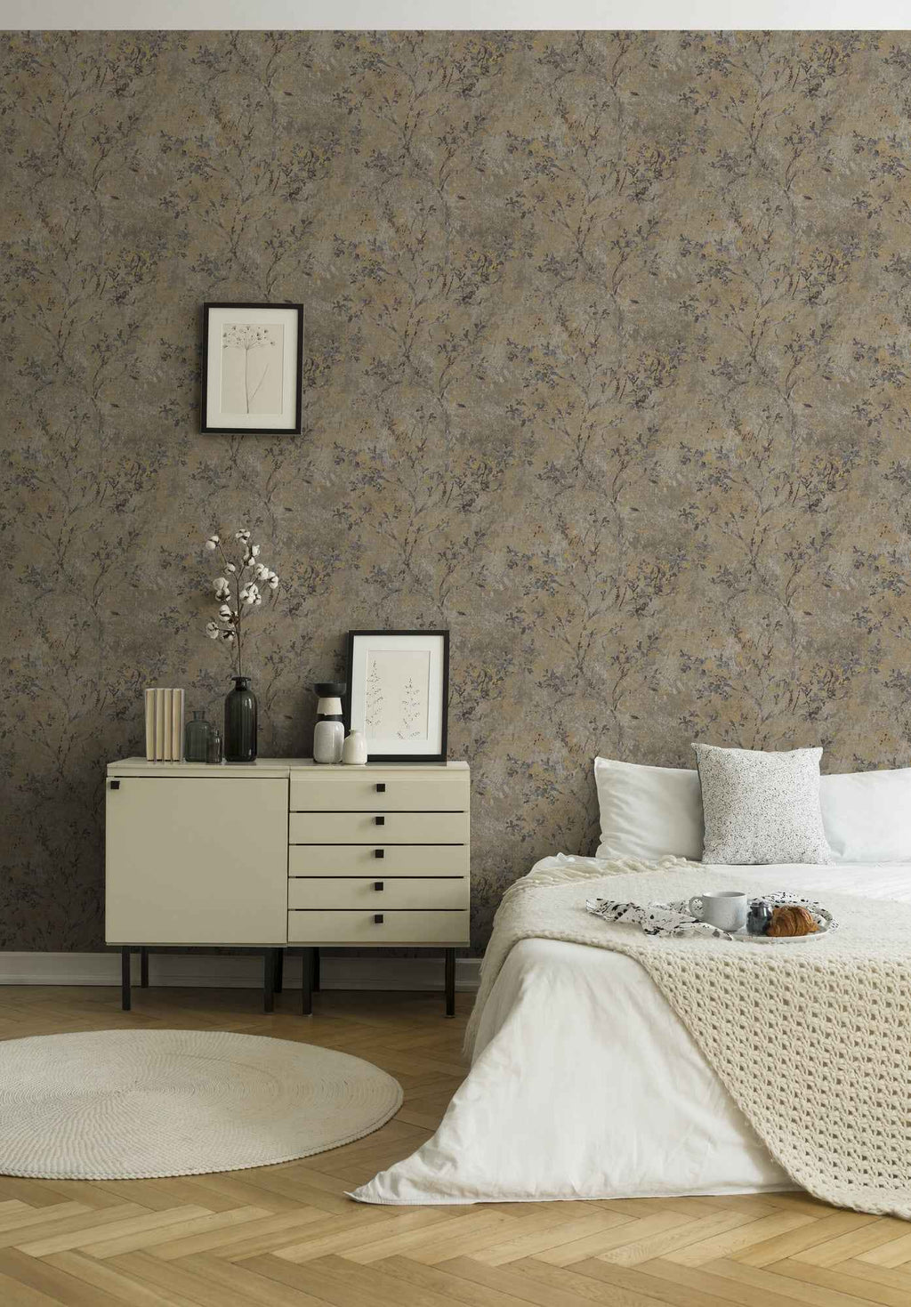 Hochwertige Vliestapete Braun Floral