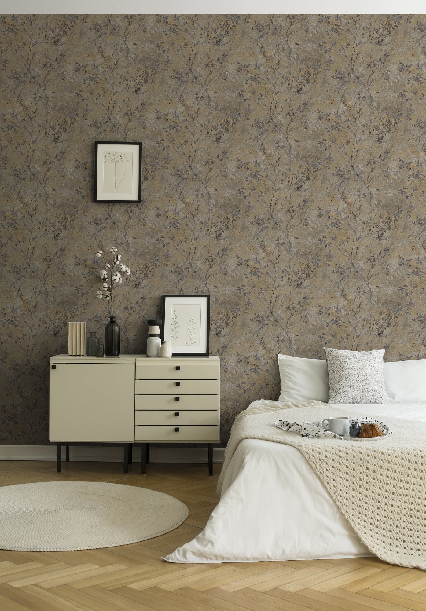 Hochwertige Vliestapete Braun Floral