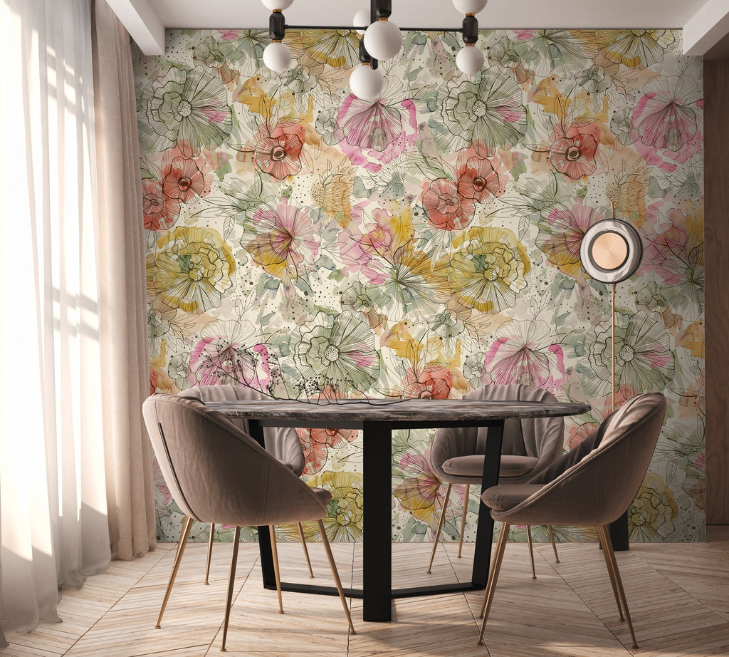 Hochwertige Fototapete Beige Blumenmuster