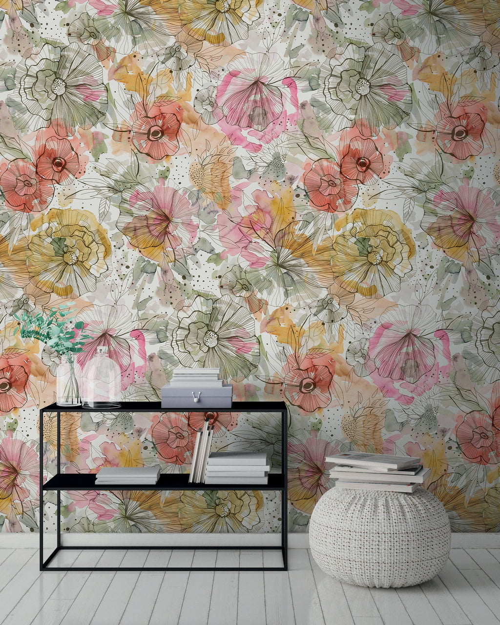 Hochwertige Fototapete Beige Blumenmuster