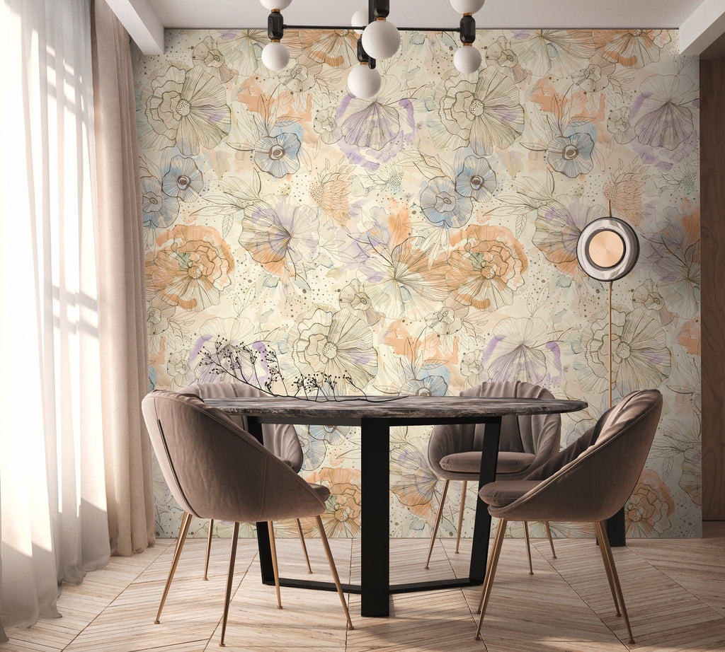 Hochwertige Fototapete Beige Blumenmuster