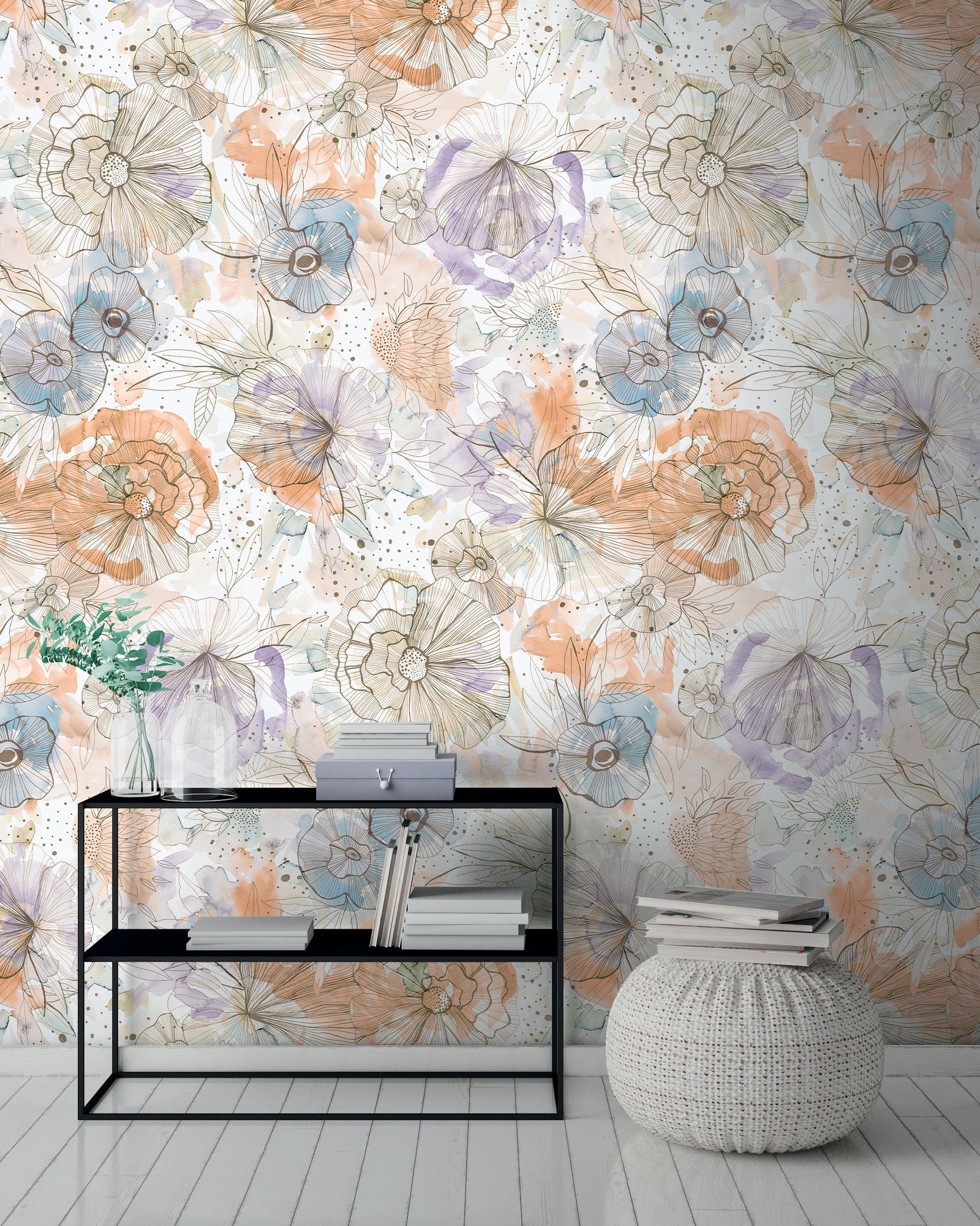 Hochwertige Fototapete Beige Blumenmuster