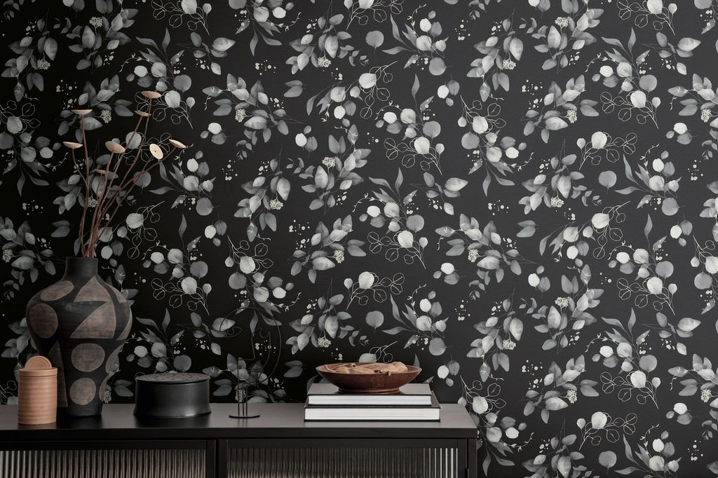 Hochwertige Vliestapete Schwarz Floral