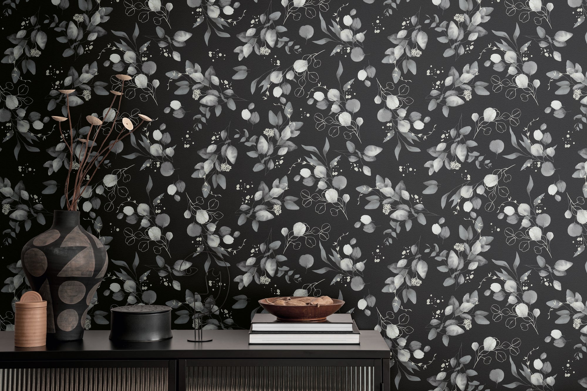 Hochwertige Vliestapete Schwarz Floral