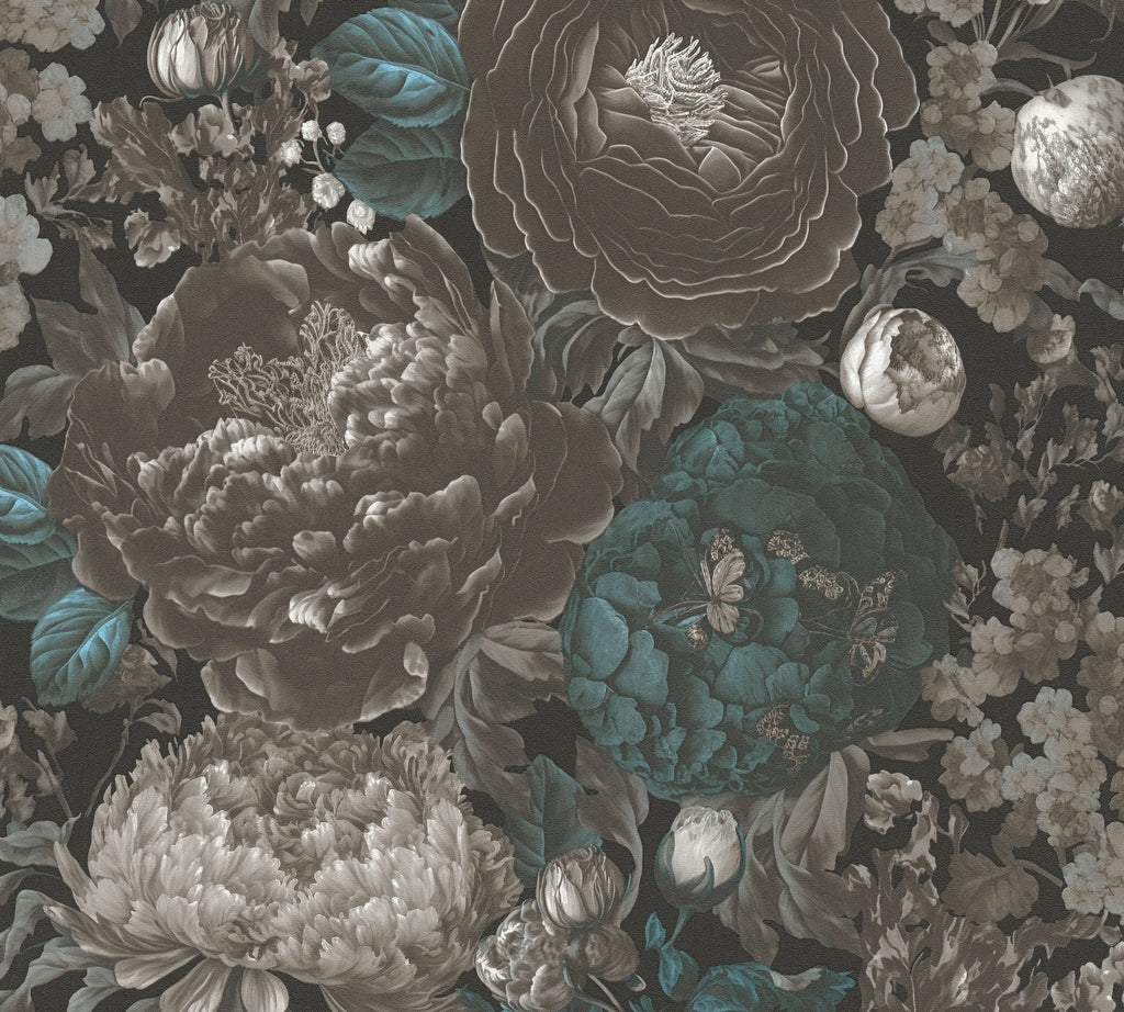 Hochwertige Vliestapete Schwarz Floral