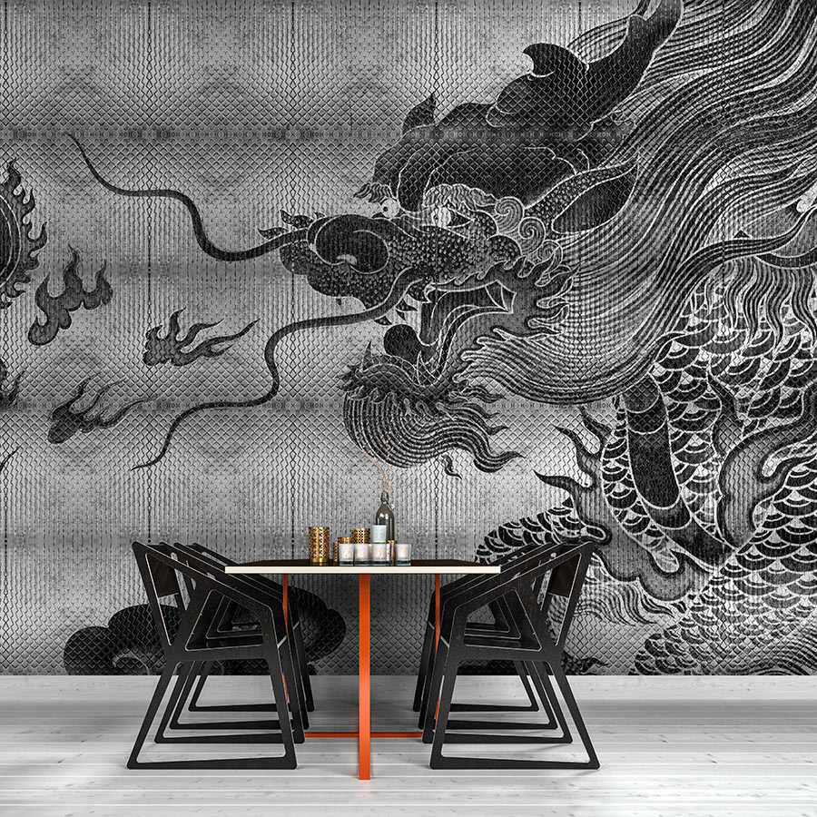 Fotomural Walls by Patel - Shenzen 3 - dragon mural metallic silver in Asian style