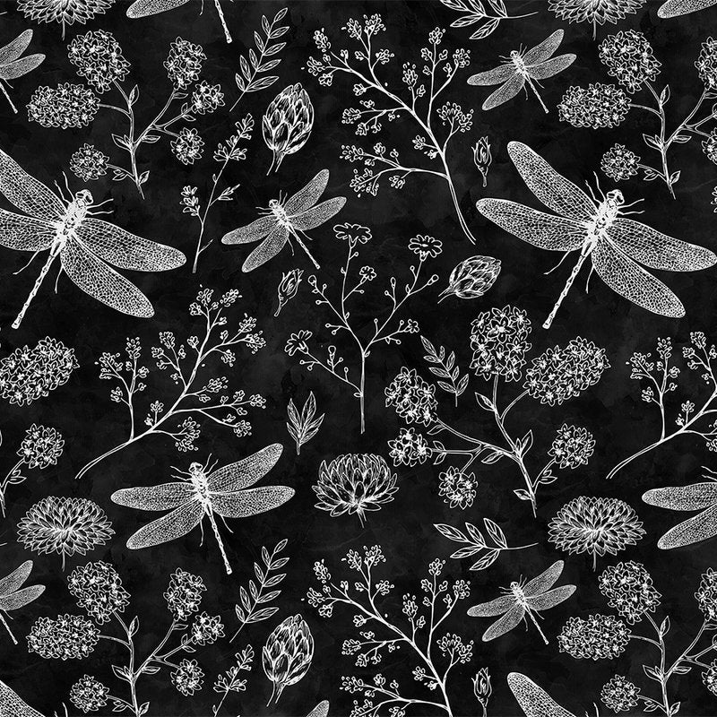 Fotomural Walls by Patel - Black and white dragonflies & flowers mural