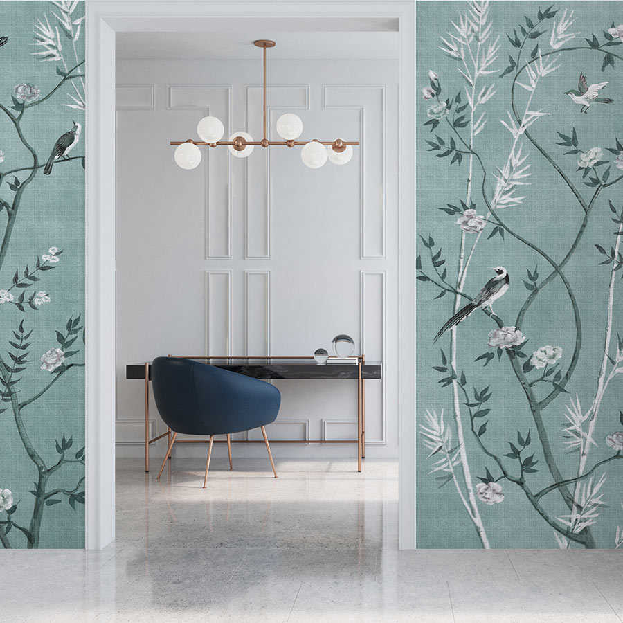 Fotomural Walls by Patel - Tea Room 1 - wall mural birds & flowers design in petrol & white