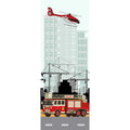 Fotomural Panel XXL 5 - City mural fire truck and helicopter in red and white on premium smooth vinyl