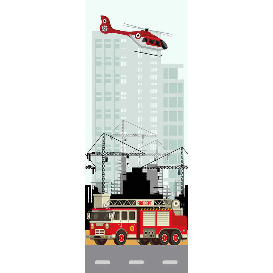 Fotomural Panel XXL 5 - City mural fire truck and helicopter in red and white on premium smooth vinyl