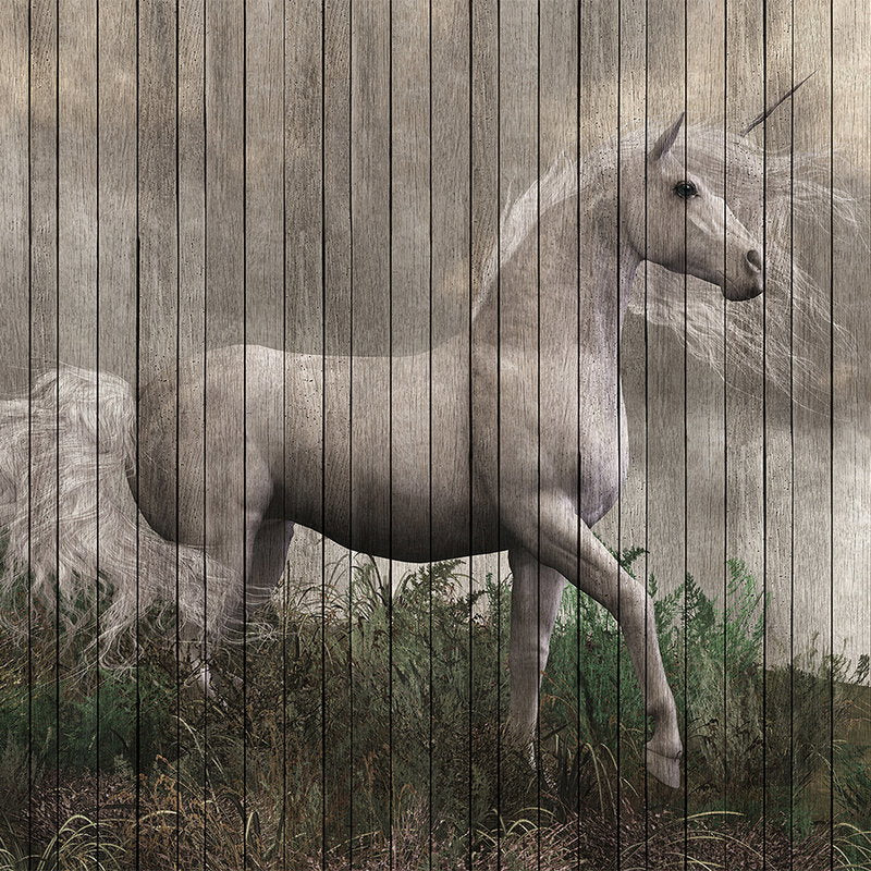 Fotomural Walls by Patel - Fantasy 3 - Unicorn Wallpaper with Wooden Board Optics - Beige, Brown