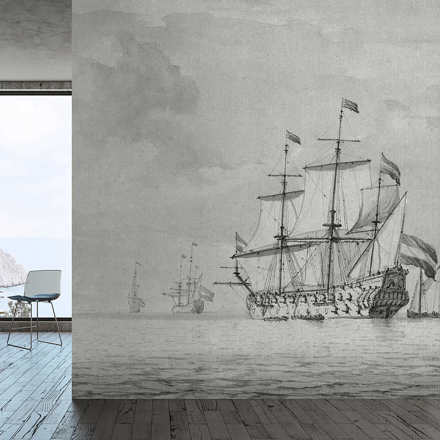 Fotomural Walls by Patel - On the Sea 2 - grey beige photo wallpaper ships vintage painting style