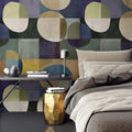 Fotomural Walls by Patel - Photo wallpaper »luna« - Colourful retro pattern in front of concrete plaster look - Green , Blue Yellow, Beige