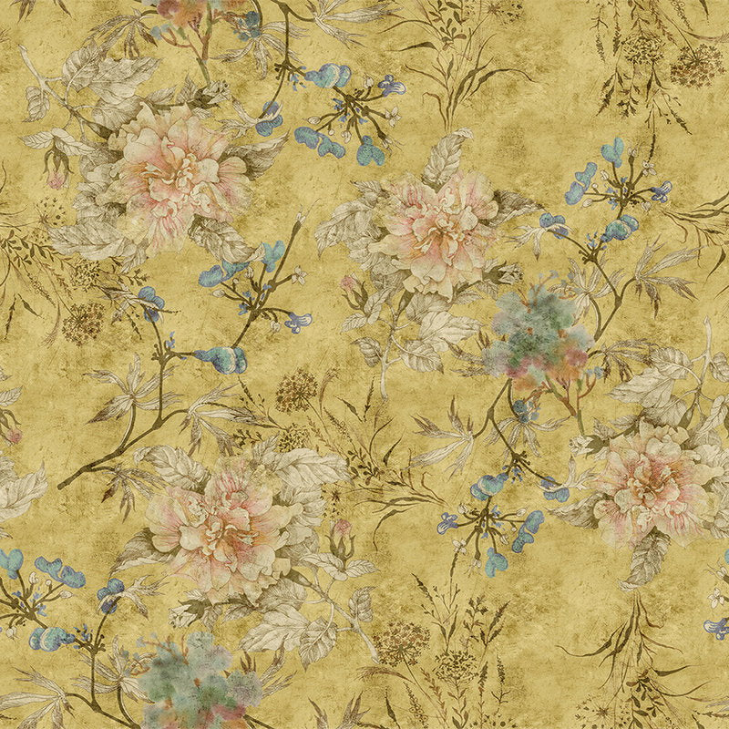 Fotomural Walls by Patel - Tenderblossom 2 - Vintage Look Floral Wallpaper- Scratch Texture - Yellow