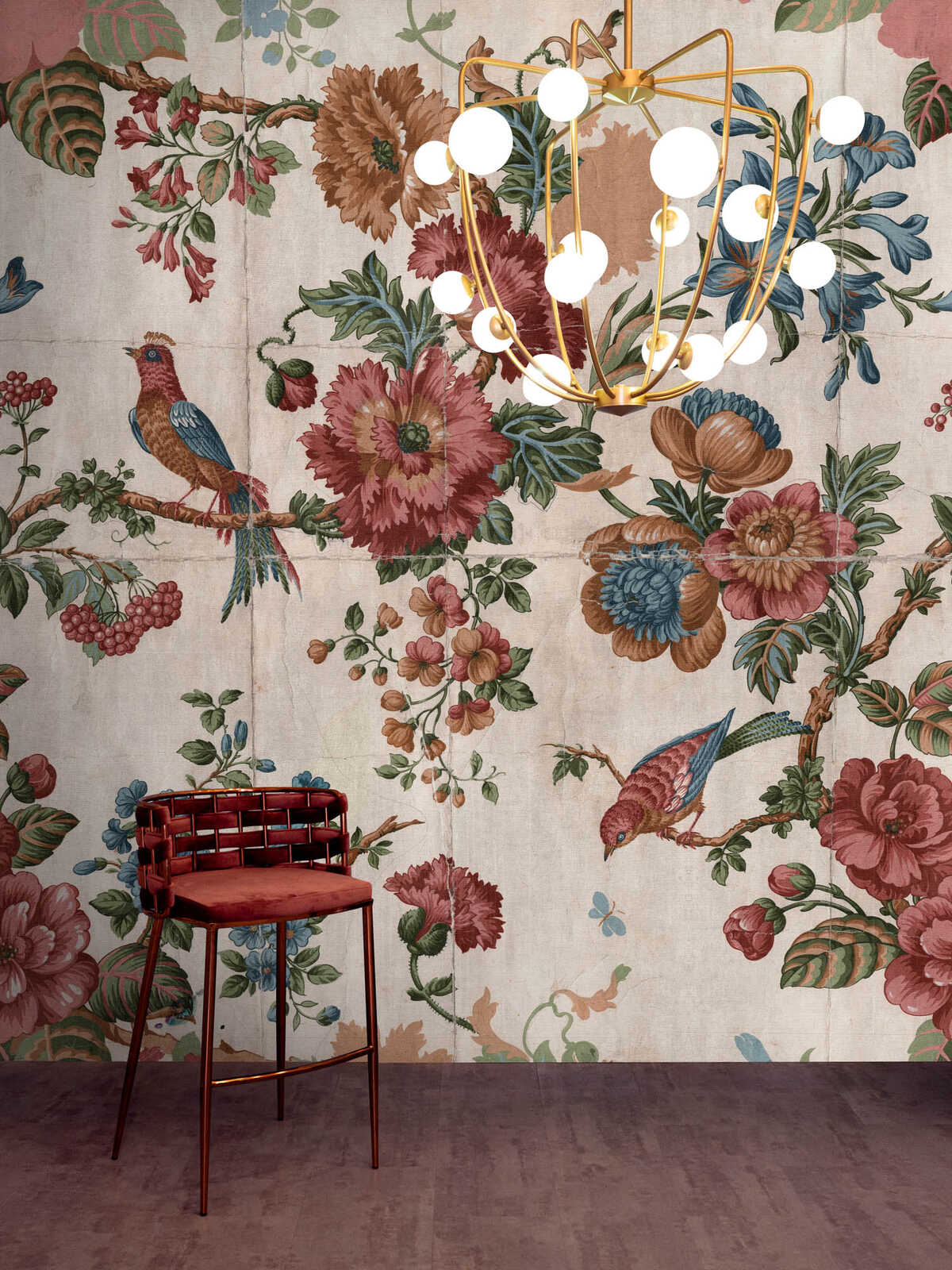 Fotomural Walls by Patel - gobelin3 - Delicate floral composition with birds - cream, red