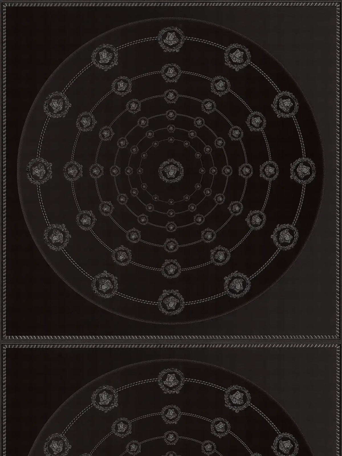 Papel pintado no tejido VERSACE con Diseño de círculo ornamental con motivos de Medusa ligeramente brillante ligeramente texturizado - negro, gris, Metálico