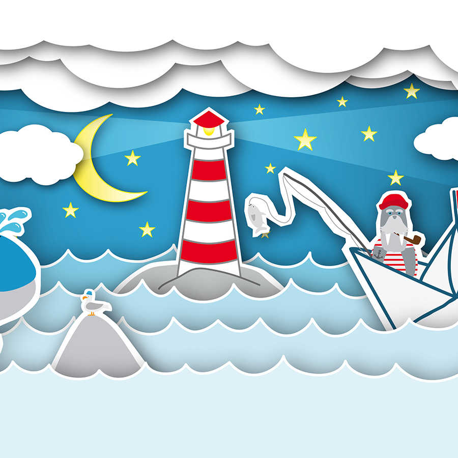Fotomural Panel XXL 5 - Children mural sea at night with lighthouse and sea bear on premium smooth nonwoven