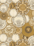 Papel pintado no tejido VERSACE con suntuosos medallones y elementos barrocos clásicos textura ligera brillante - dorado, crema, marrón