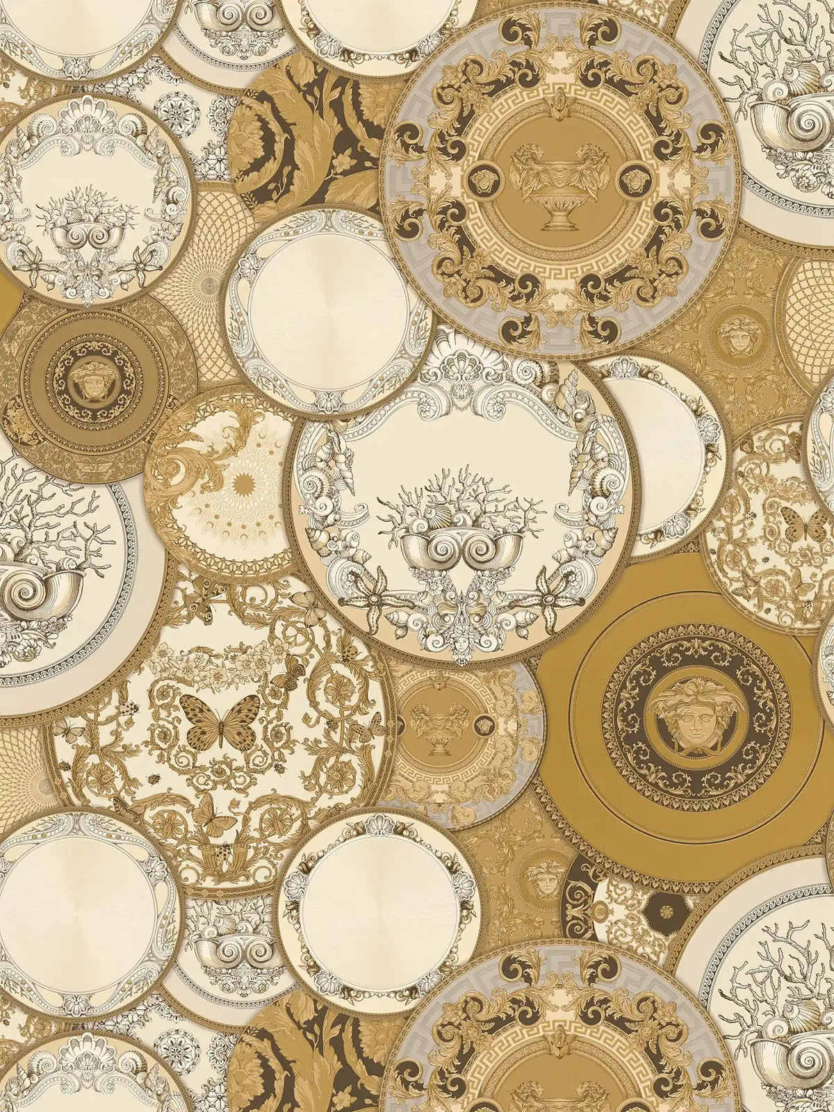 Papel pintado no tejido VERSACE con suntuosos medallones y elementos barrocos clásicos textura ligera brillante - dorado, crema, marrón