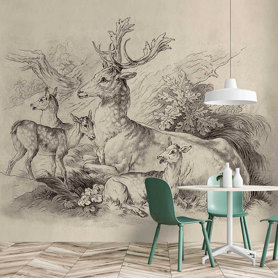 Fotomural Walls by Patel - On the Grass 1 - photo wallpaper deer & stag vintage drawing in beige