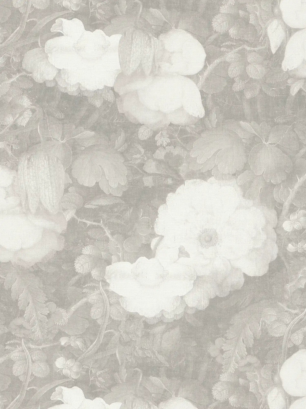 Papel pintado floral estilo pintura, aspecto de lienzo - gris, blanco