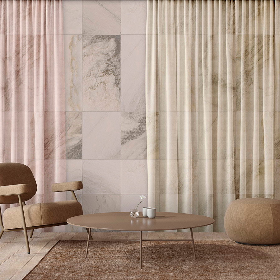 Fotomural Walls by Patel - Photo wallpaper »nova 3« - Subtly falling curtains against a beige marble wall - Smooth, slightly shiny premium non-woven fabric