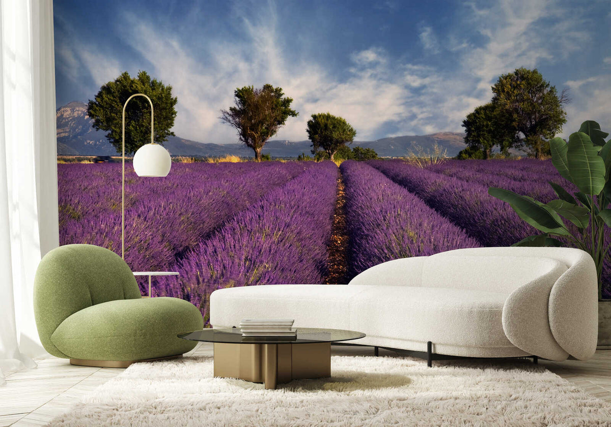 Fotomural Panel XXL 5 - Plants mural lavender meadow with trees on premium smooth fleece