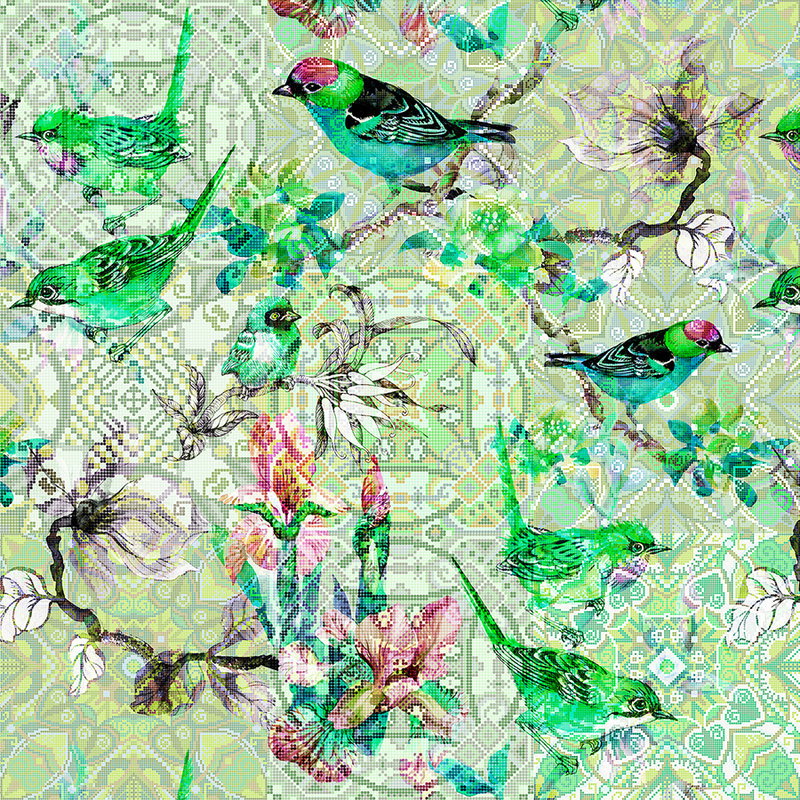 Fotomural Walls by Patel - Bird mural green with mosaic pattern - Green, Pink