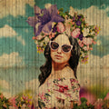 Fotomural Walls by Patel - Havana 1 - Young woman in the flower meadow photo wallpaper with wood panel structure - Beige, Blue