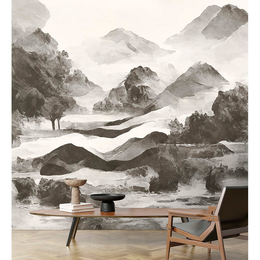 Fotomural Walls by Patel - Photo wallpaper »tinterra 1« - Landscape with mountains & fog - Grey