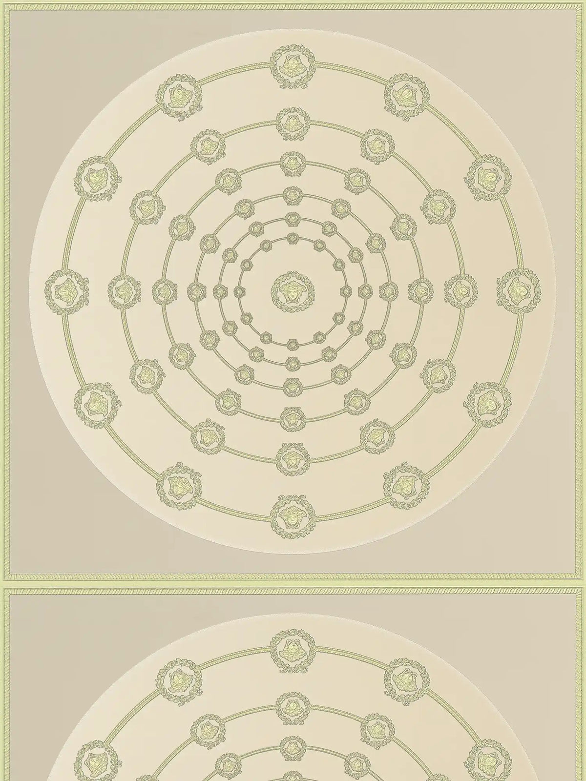 Papel pintado no tejido VERSACE de estilo barroco con ornamentación en forma de círculo de Medusa ligeramente brillante ligeramente texturizado - gris, verde, Metálico