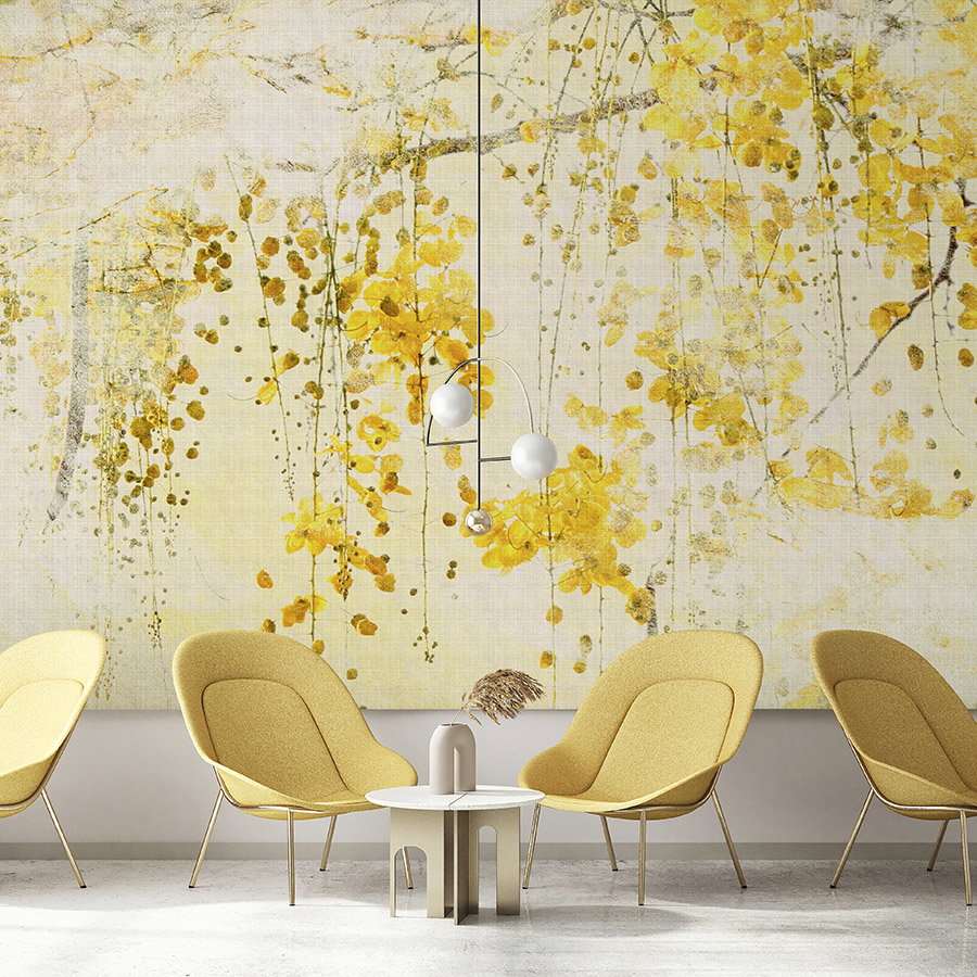 Fotomural Walls by Patel - Photo wallpaper »taiyo« - Flower garland with linen structure in the background - Yellow