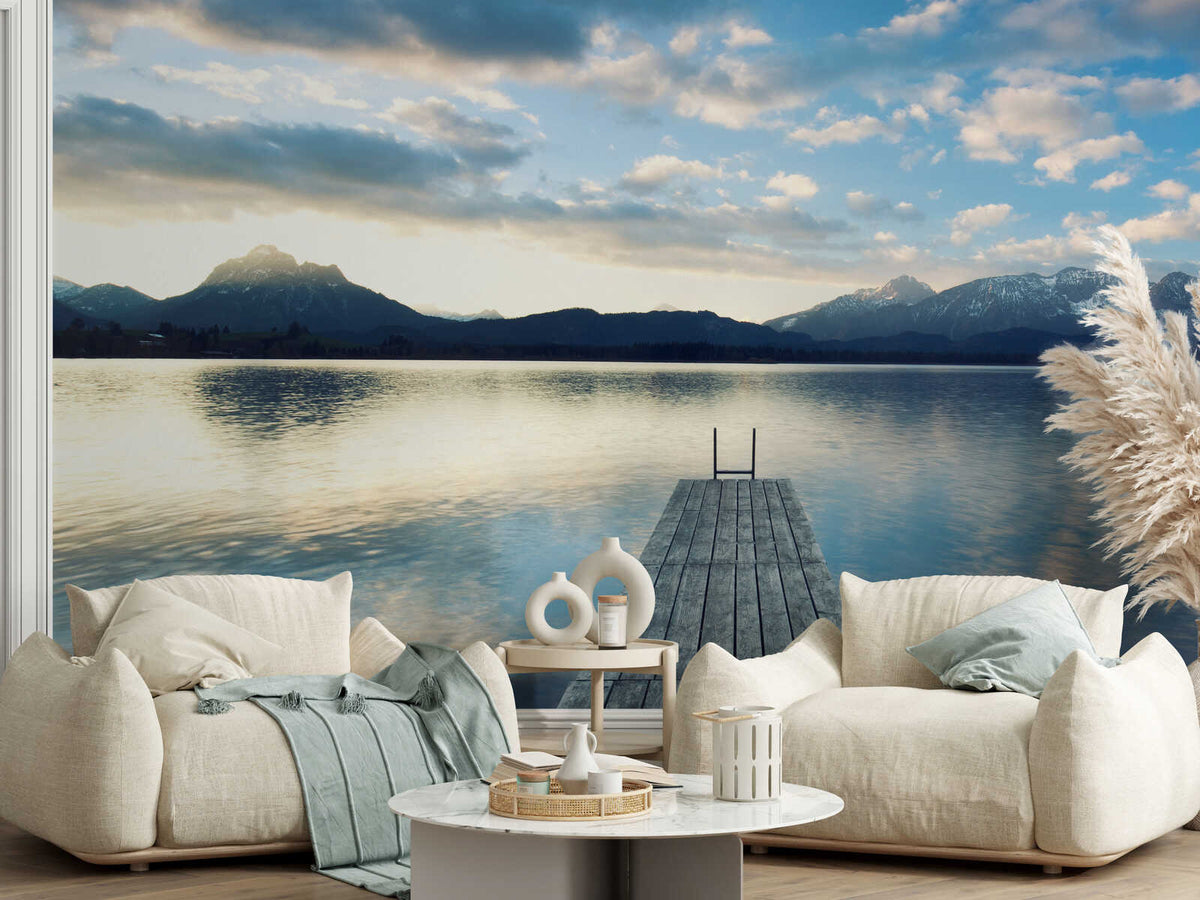Fotomural Mountain lake with water jetty and sunrise mural - AP Digital 3