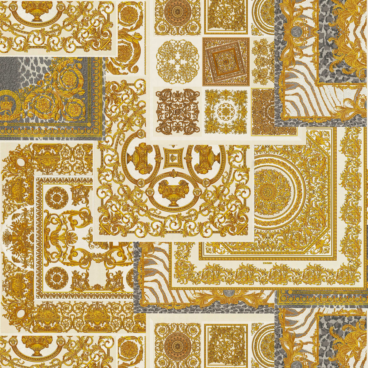 Papel pintado VERSACE Home detalles barrocos y estampado animal - oro, plata, crema
