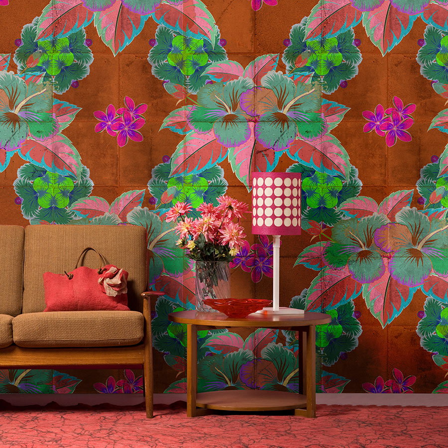 Fotomural Walls by Patel - Photo wallpaper »pierre« - Leaf design with kaleidoscope effect on concrete tile structure - Smooth, slightly shiny premium non-woven fabric