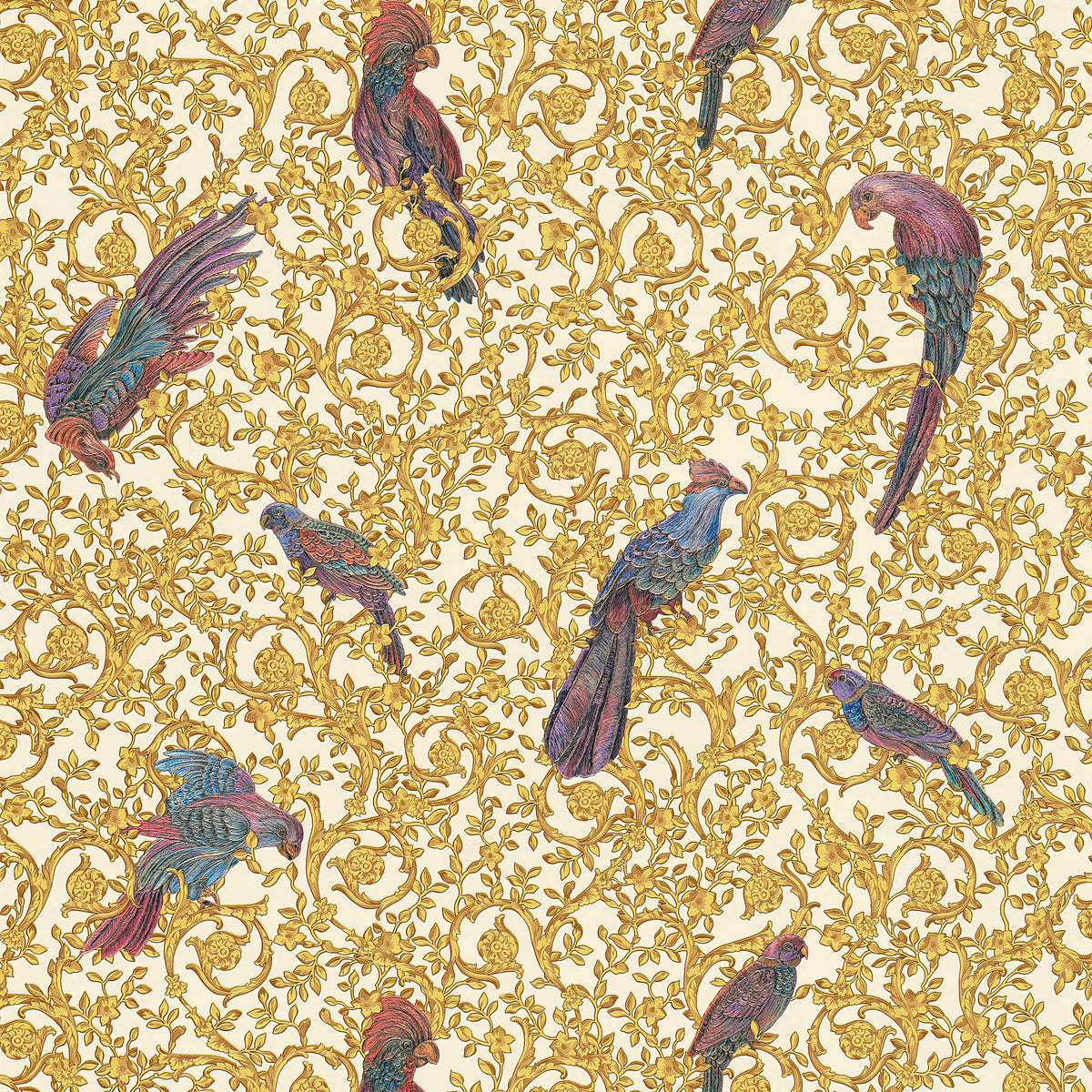 Papel pintado VERSACE Home pájaros del paraíso y acentos dorados - oro, púrpura, crema